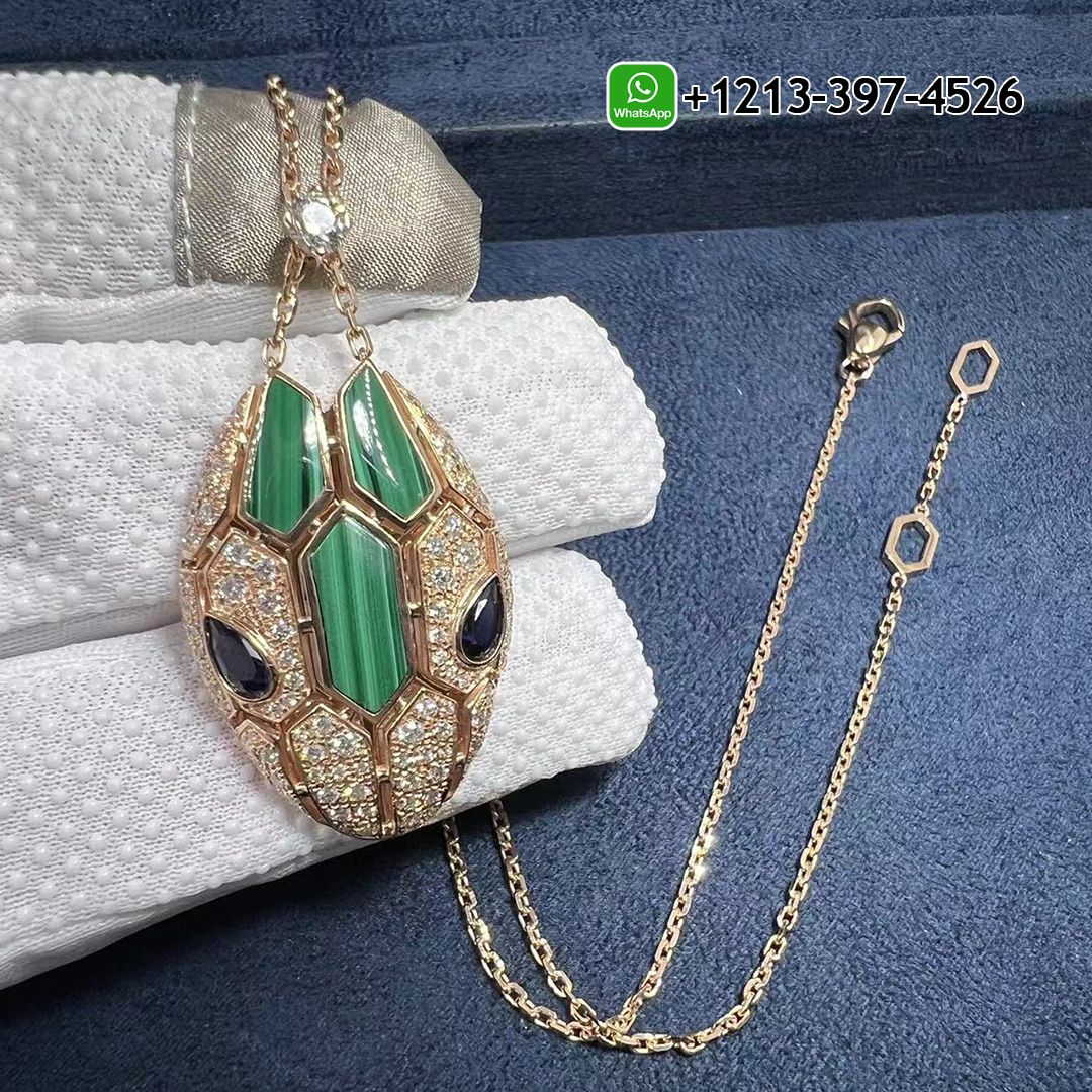 Bvlgari Serpenti 18k Rose Gold Blue Sapphire, Malachite and Diamond Pave Pendant Necklace