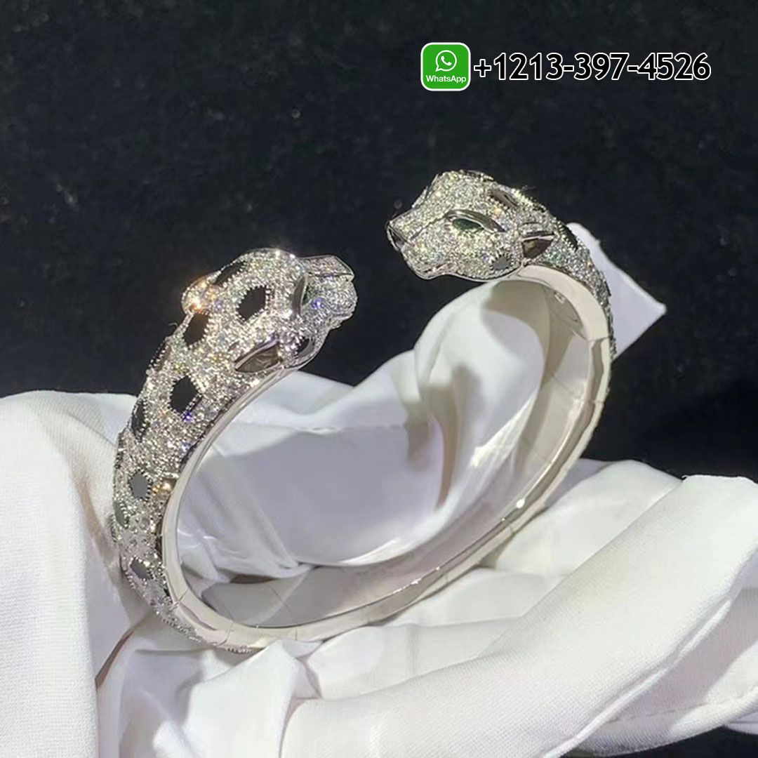 Cartier 18k White Gold Diamond Pave, Onyx Panthère de Cartier Double Panthere Head Bracelet N6721017