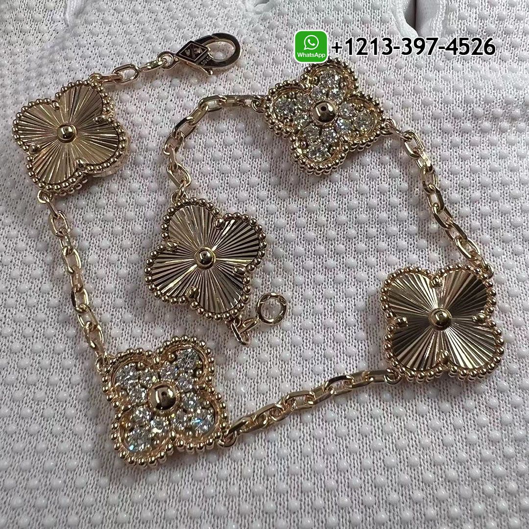 Custom Made Van Cleef & Arpels 18K Rose Gold Diamond 5 Motifs Guilloche Vintage Alhambra Bracelet