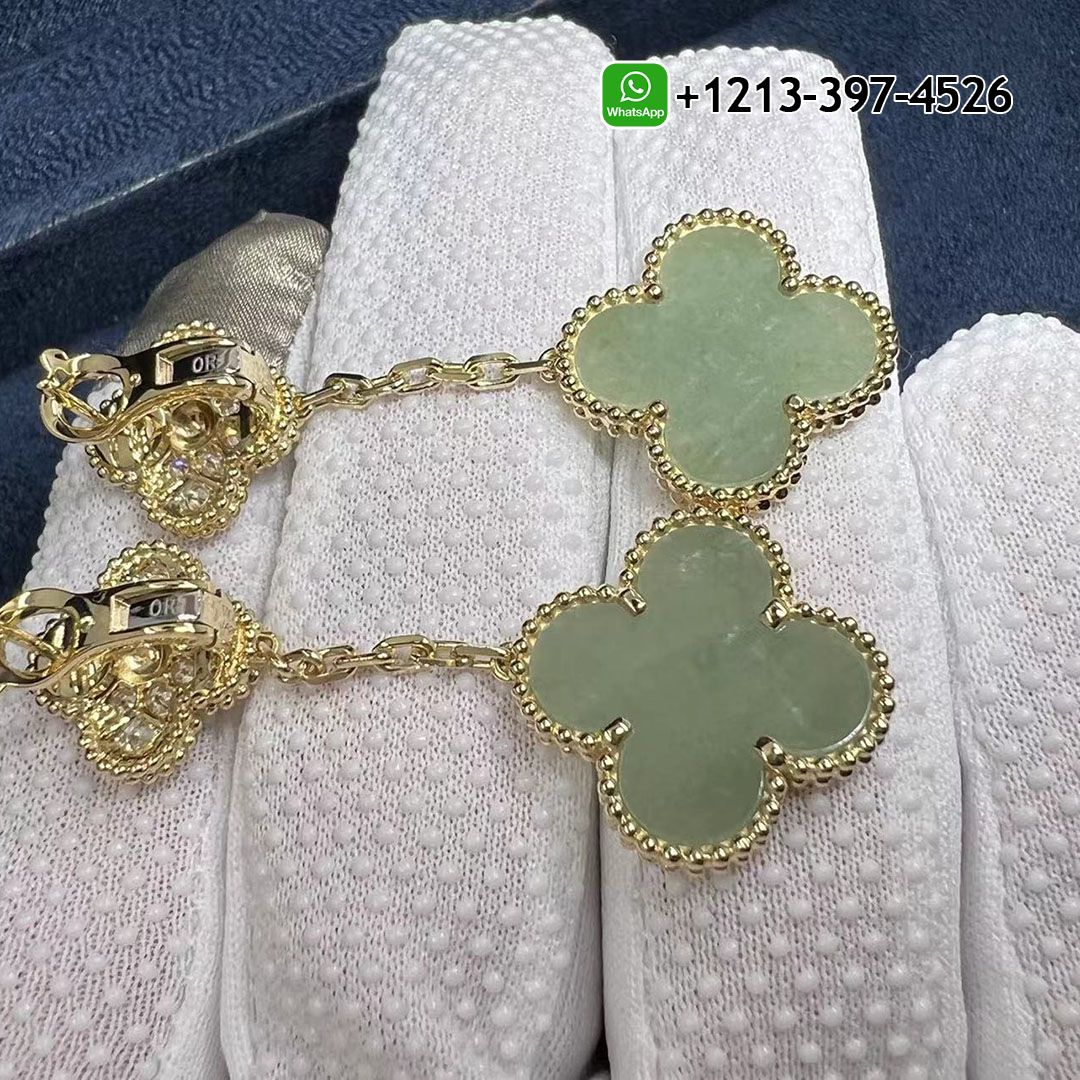 Custom Made Van Cleef  Magic Alhambra 18k Yellow Gold 2 Motifs Jade & Diamond Earrings
