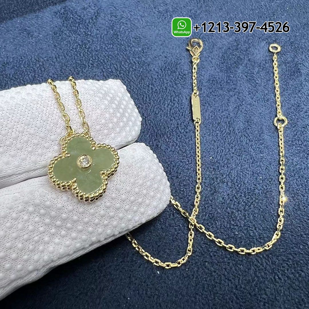 Custom Mdae Van Cleef & Arpels Vintage Alhambra Diamond Jade 18k Yellow Gold Pendant Necklace