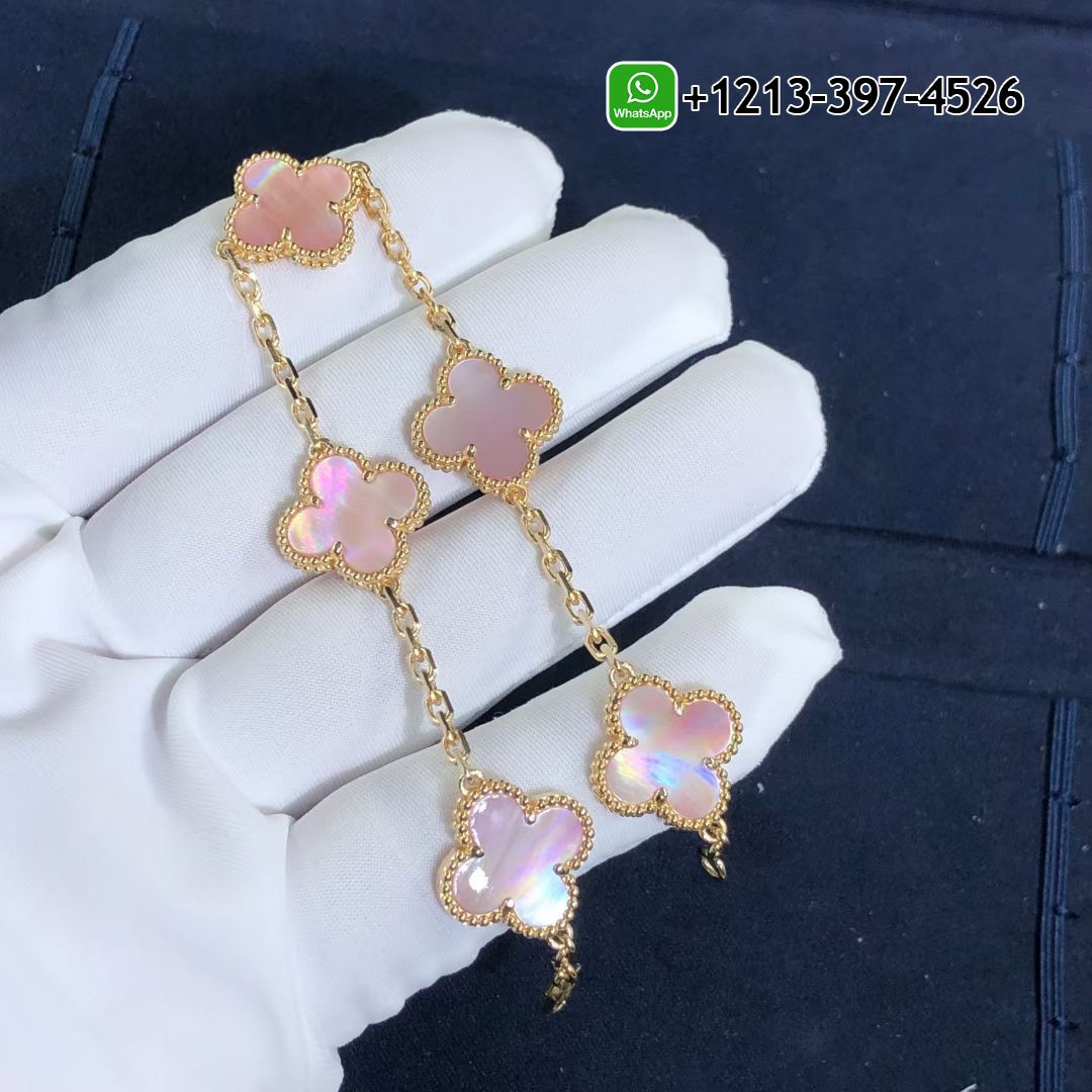 Custom Van Cleef & Arpels Pink Mother of Pearl Vintage Alhambra 5 Motif 18k Yellow Gold Bracelet