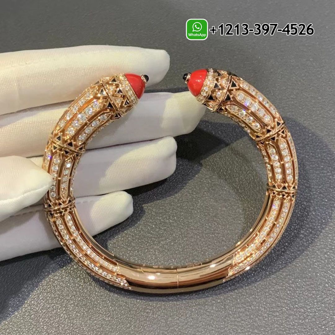High Jewelry Cartier Art-Déco Inspired 18k Rose Gold 12.73ct Diamond, Coral, Black Lacquer & Onyx Bracelet