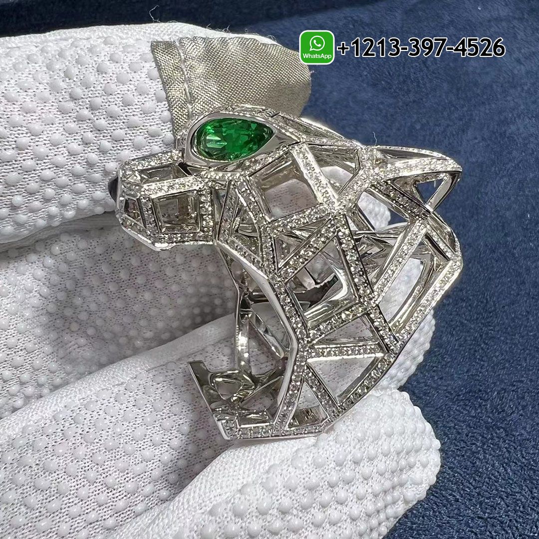 Panthere De Cartier 18K White Gold Emeralds Onyx Diamond-Pave Ring N4722400