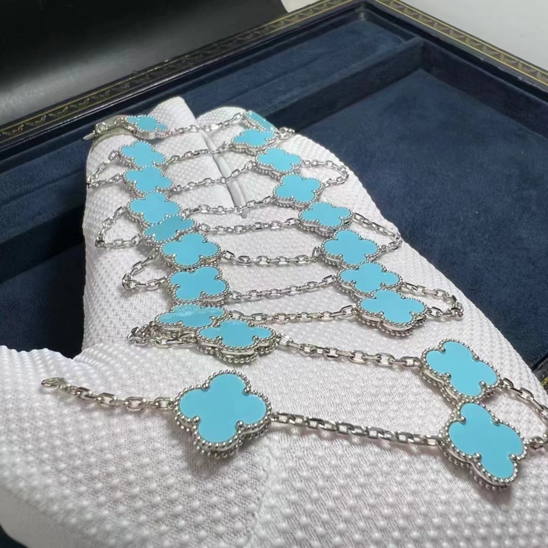 Van Cleef & Arpels 18k White Gold Turquoise 20 Motifs Vintage Alhambra Long Necklace
