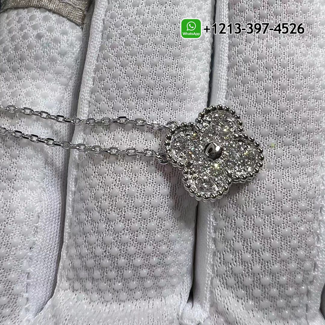 Van Cleef & Arpels 18K White Gold Diamond Vintage Alhambra Pendant Necklace VCARA46100