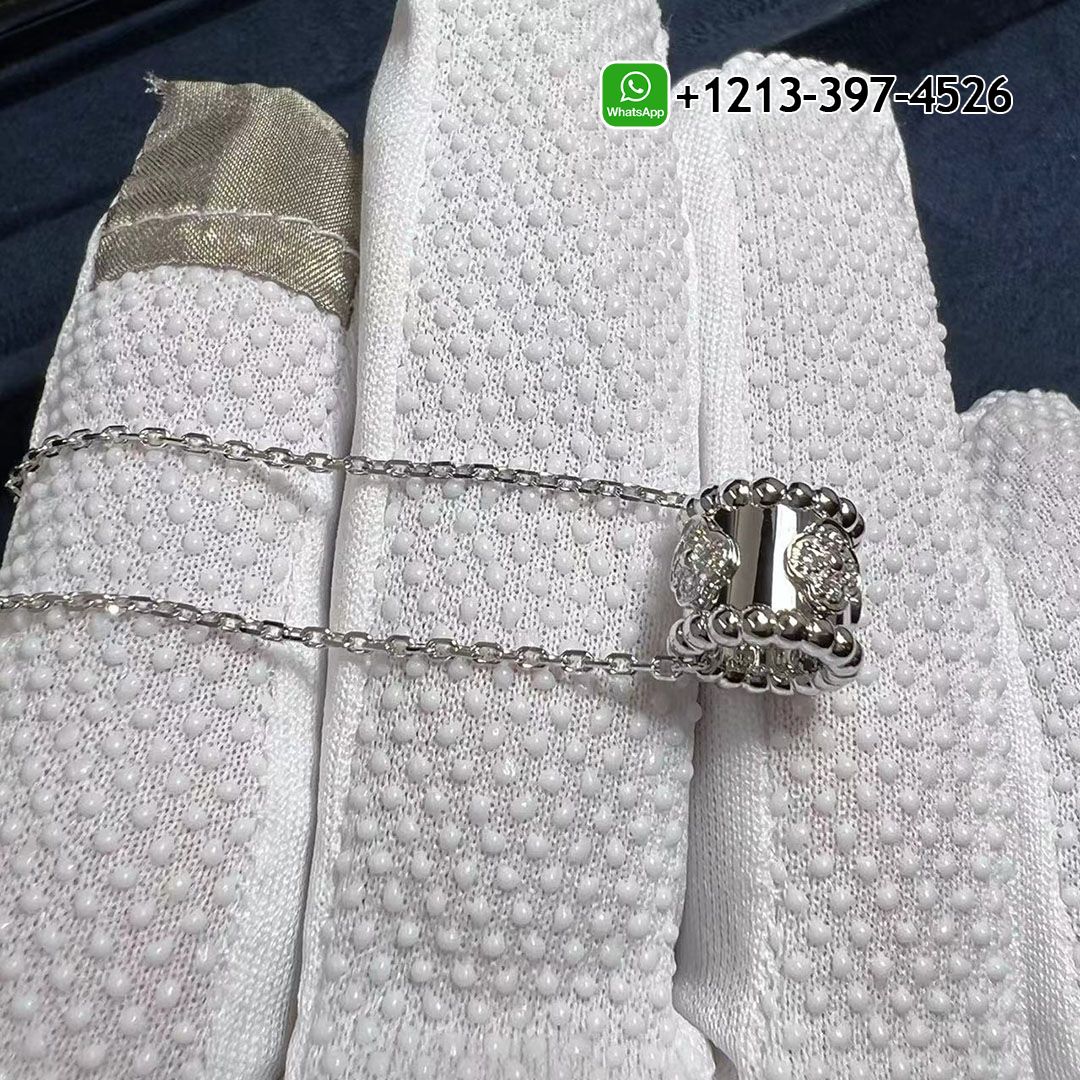 Van Cleef & Arpels 18K White Gold Perlee Clovers Diamond Necklace Pendant VCARO2EF00