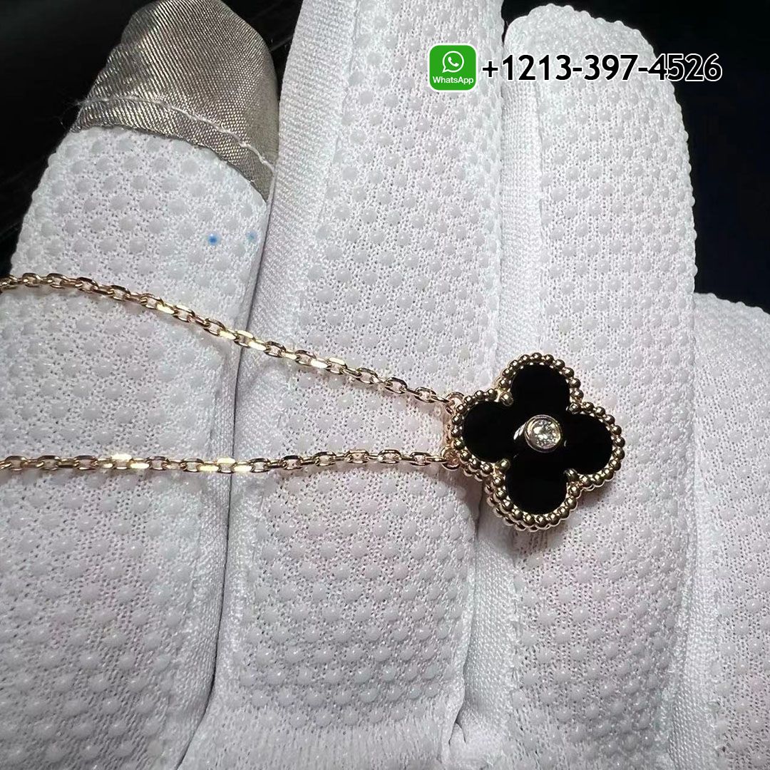 Van Cleef & Arpels 18k Rose Gold Onyx Diamond Vintage Alhambra Pendant Necklace
