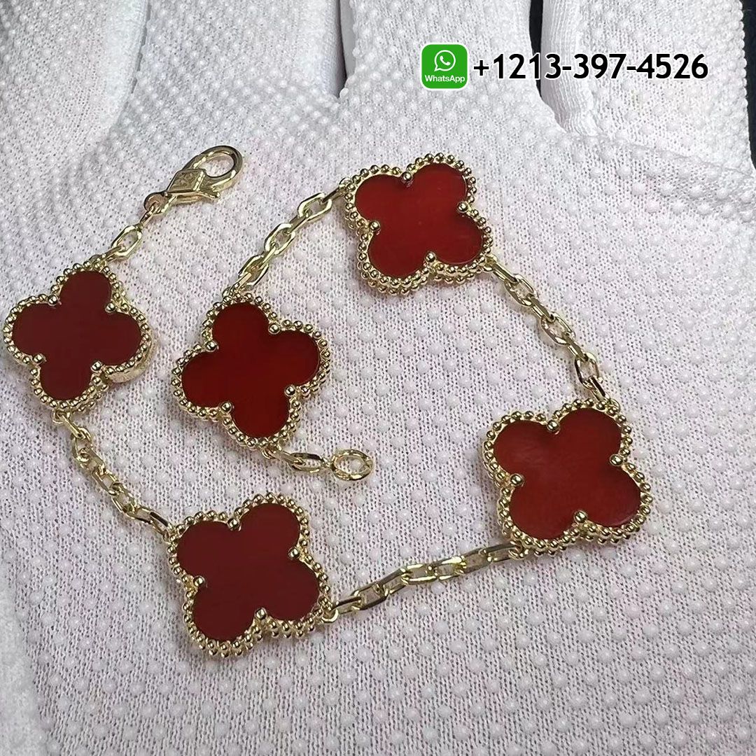 Van Cleef & Arpels 18k Yellow Gold And Carnelian Vintage Alhambra 5 Motif Bracelet VCARD35500