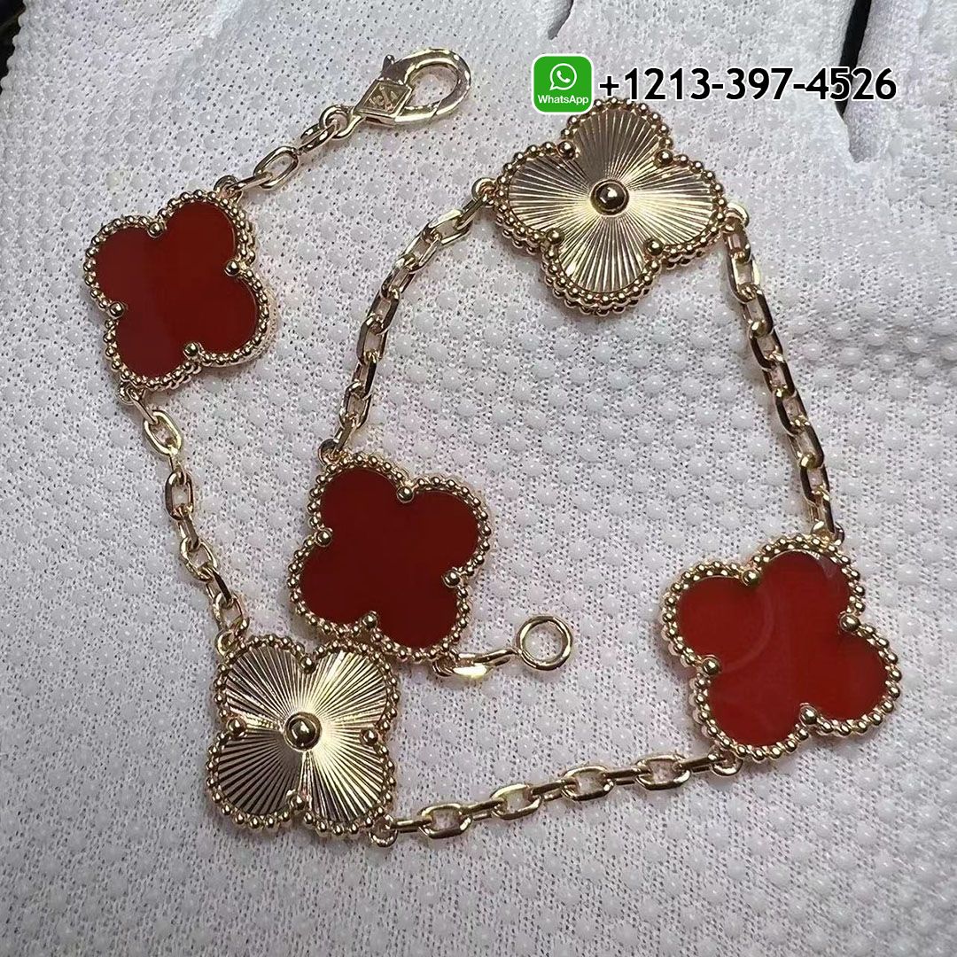 Van Cleef & Arpels Carnelian and Guilloche 18K Rose Gold 5 Motifs Vintage Alhambra Bracelet VCARP7RP00