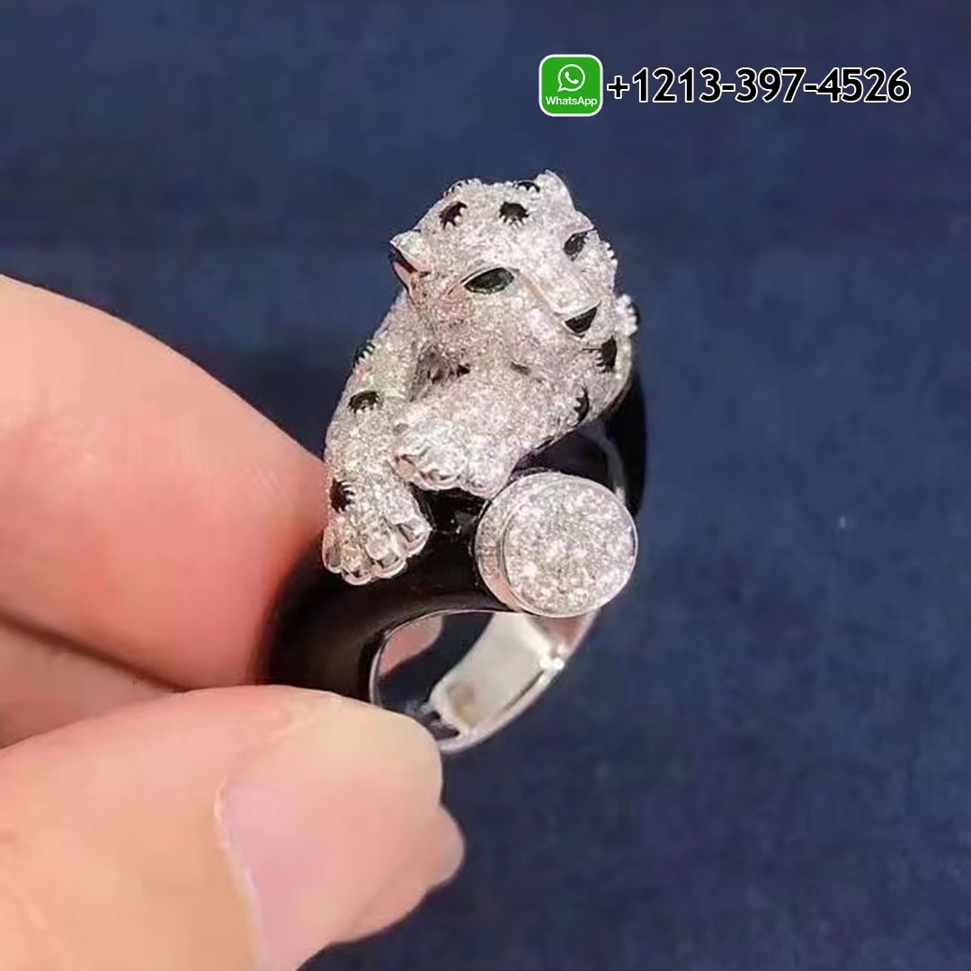 Custom Made Panthere de Cartier 18k White Gold Onyx & Diamond Ring