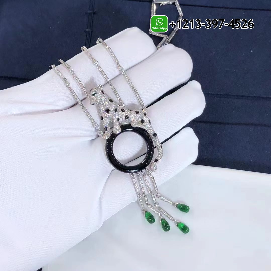 Cartier 18k White Gold Emeralds Diamonds Panthere de Cartier Tassel Necklace H7000743