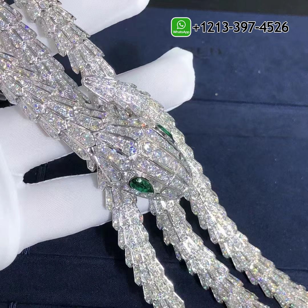 Custom Bvlgari High Jewelry Serpenti Necklace in 18k White Gold with Pave Diamond and Emeralds Eyes