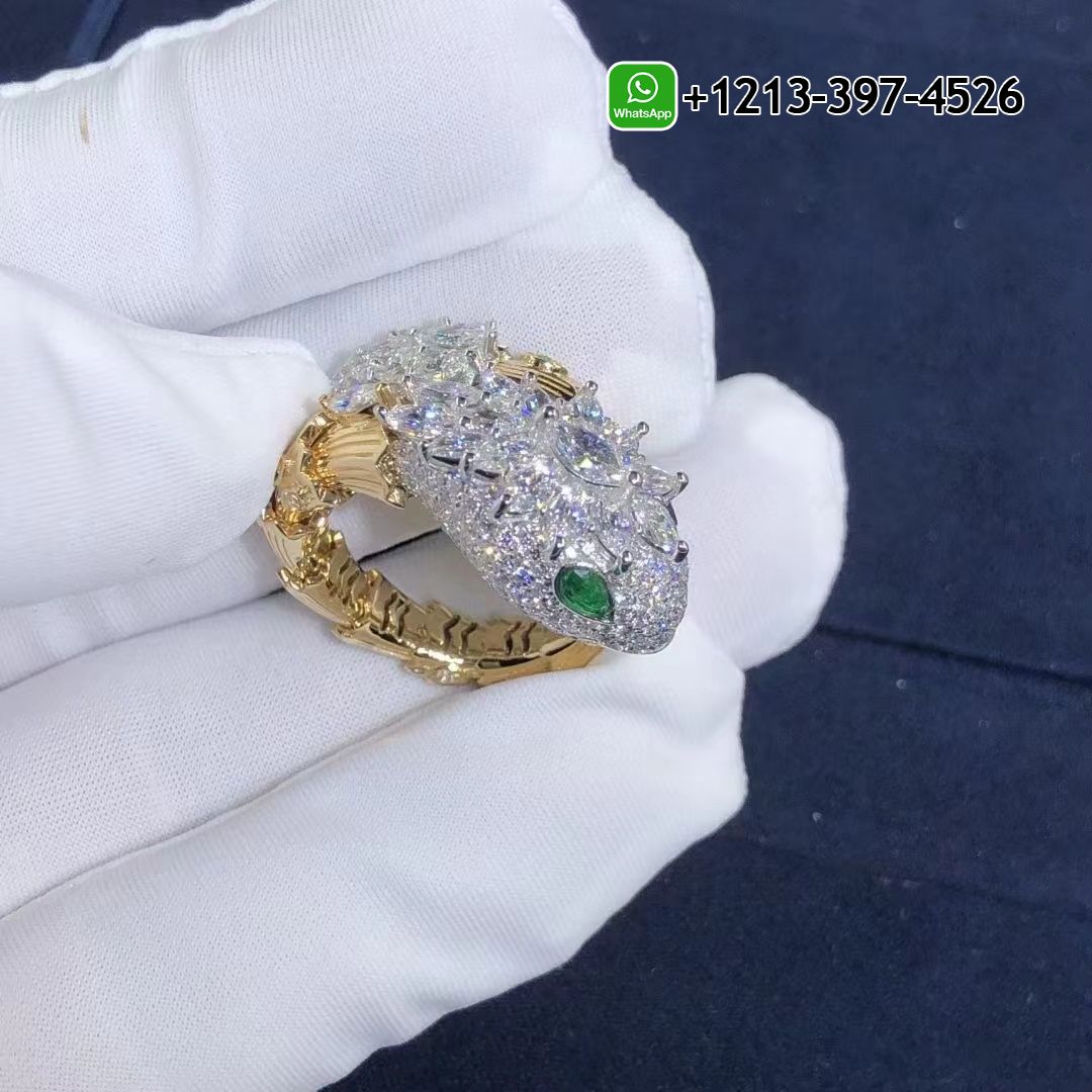 Custom Made Bvlgari Serpenti 18k Gold Diamonds & Emerald Snake Ring
