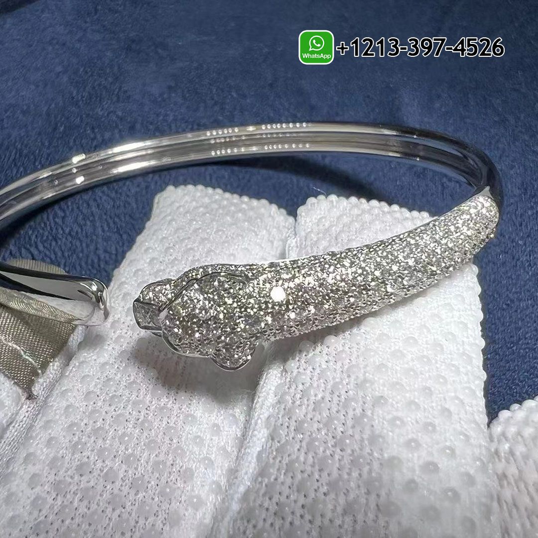 Custom Made Panthère de Cartier 18k White Gold Onyx, Emeralds, Half Diamond Paved Bracelet