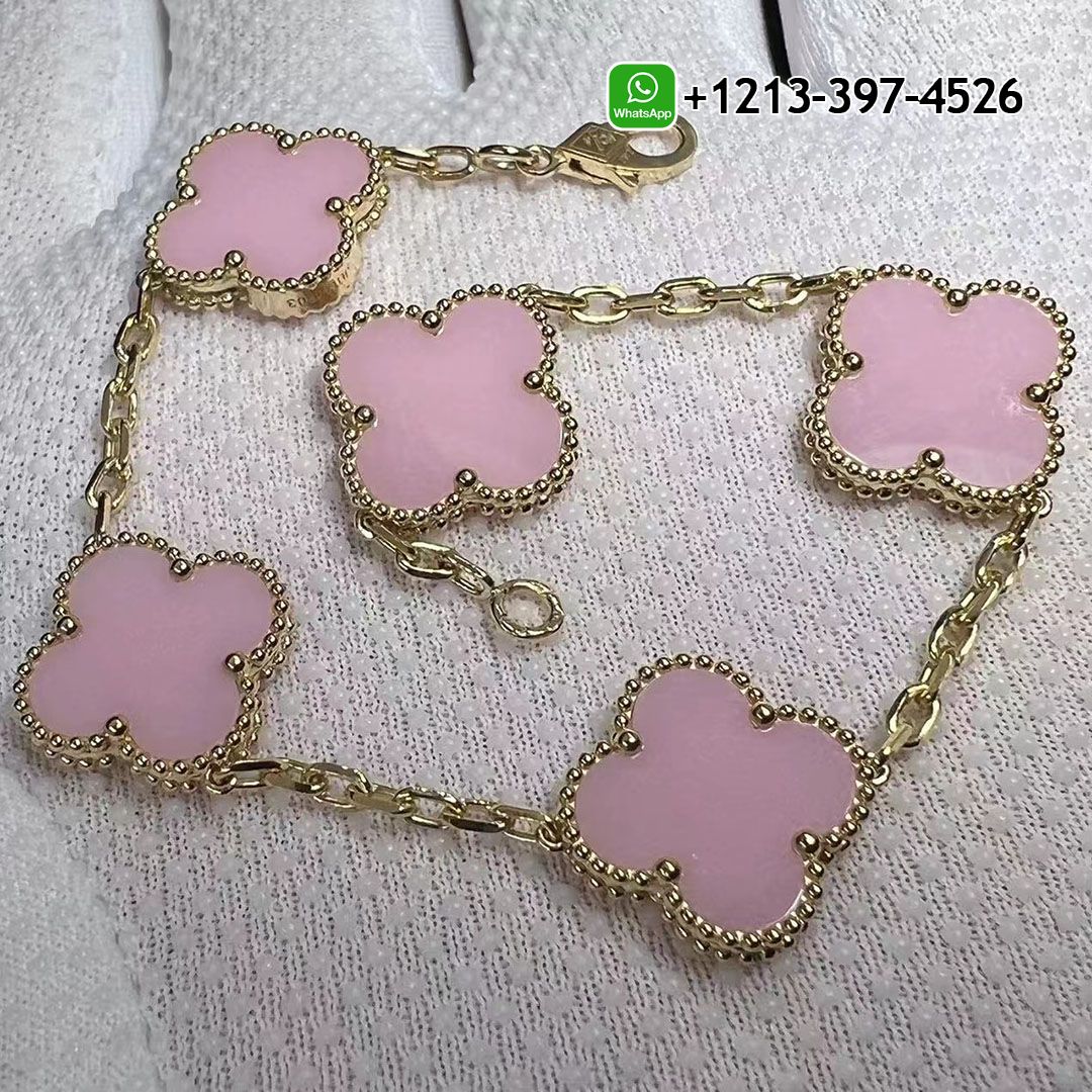 Custom Made Van Cleef & Arpels 18k Yellow Gold 5 Motifs Pink Opal Vintage Alhambra Bracelet