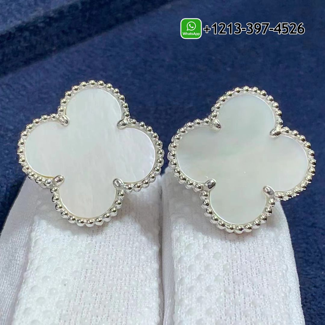 Custom Made Van Cleef & Arpels Magic Alhambra White Mother of Pearl 18k White Gold Earrings