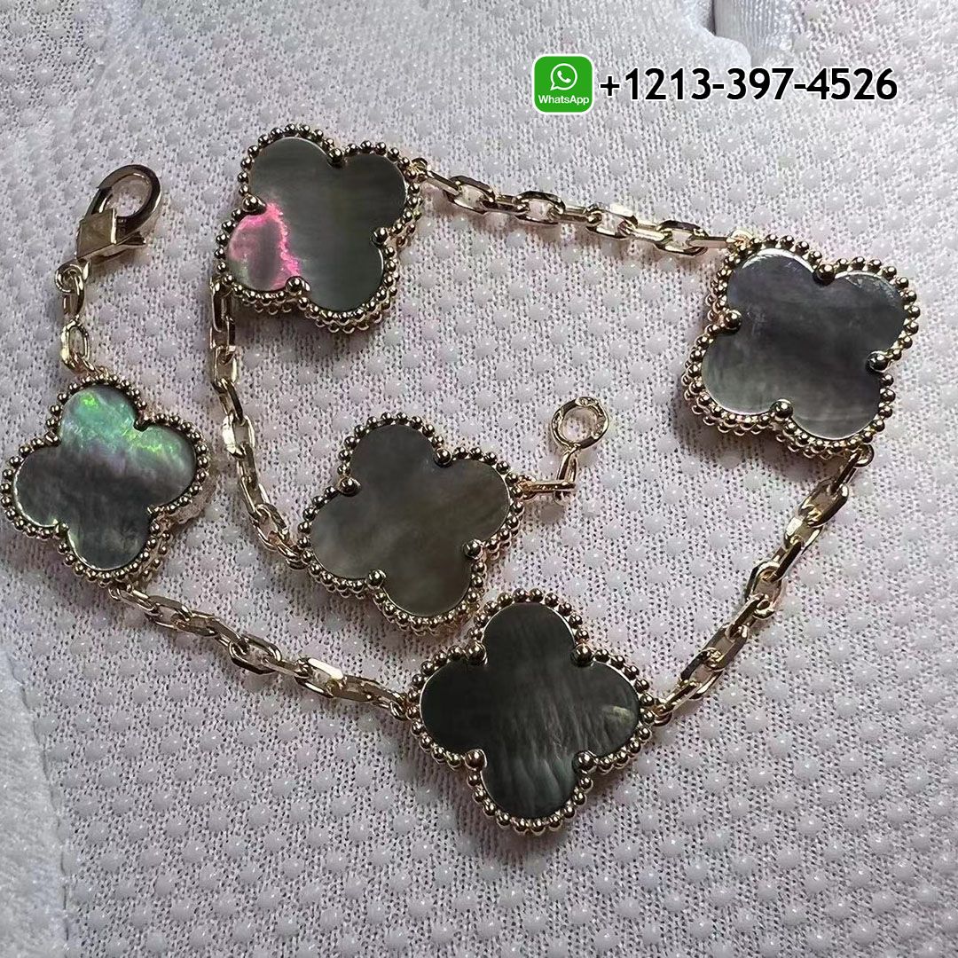 Custom Van Cleef & Arpels Vintage Alhambra 5 Motifs Gray Mother of  Peal 18K Rose Gold Bracelet