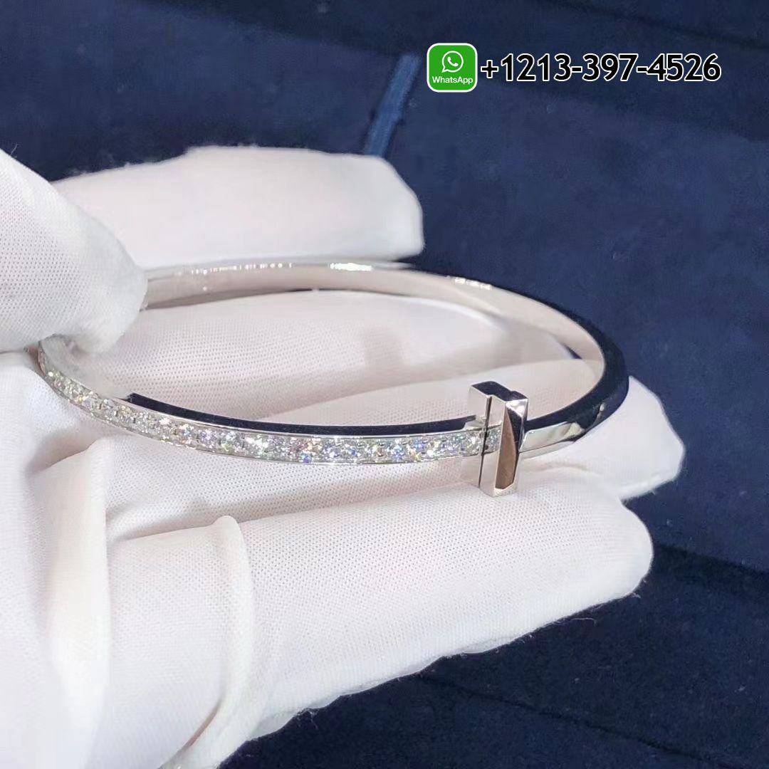 Tiffany T T1 Narrow Diamond Hinged 18k White Gold Bangle Bracelet
