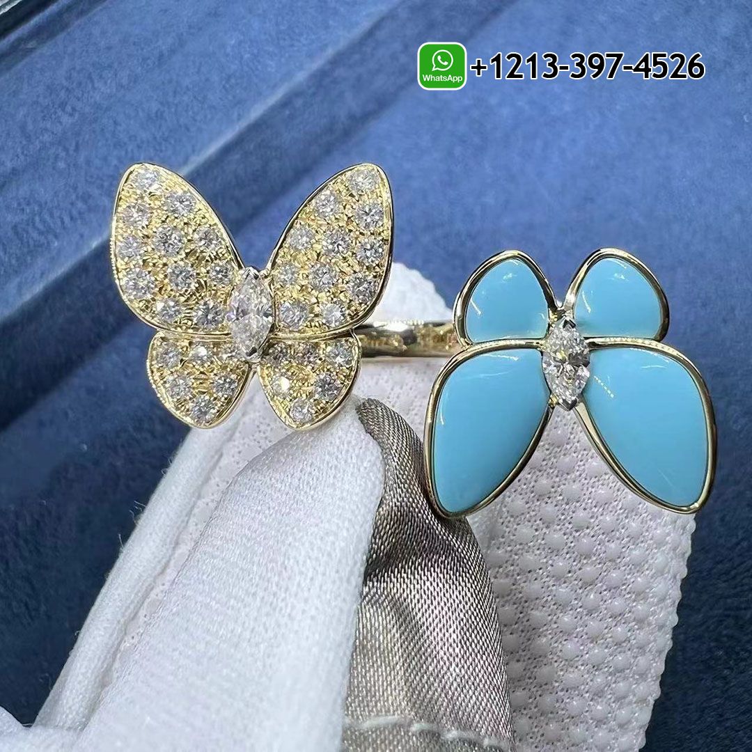 Van Cleef 18K Gold Diamond & Turquoise Two Butterfly Between the Finger Ring VCARP7UZ00