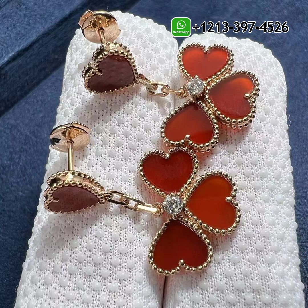 Van Cleef & Arpels 18K Rose Gold Diamond Carnelian Sweet Alhambra Effeuillage Heart Earrings VCARN5PP00