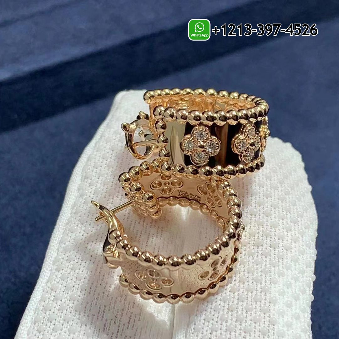 Van Cleef & Arpels 18K Rose Gold Perlée Clovers Diamonds Hoop Earrings VCARO2MK00