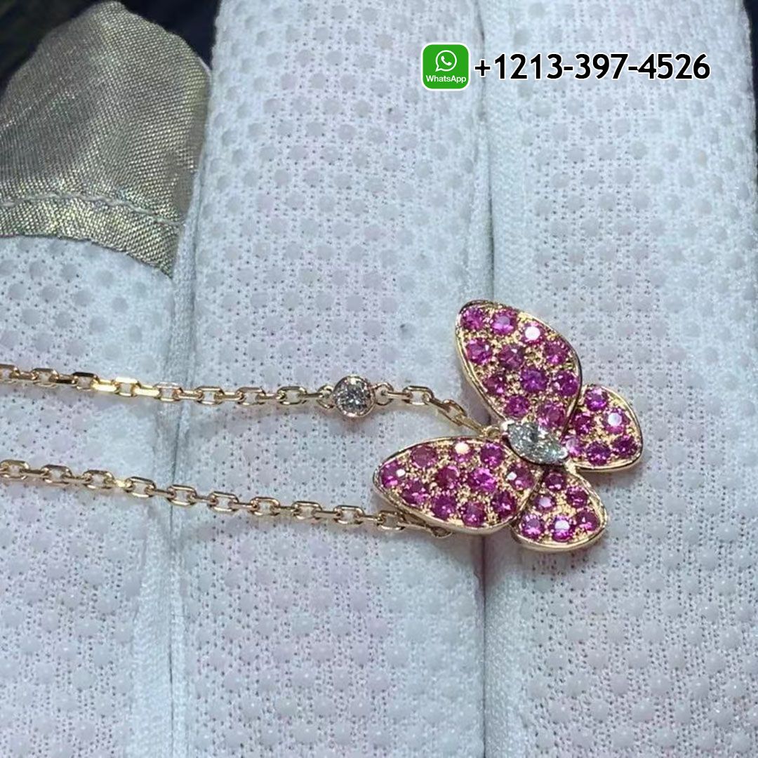 Van Cleef & Arpels 18K Rose Gold Two Butterfly Diamond Pink Sapphire and Tsavorite Pendant Necklace VCARO3M200