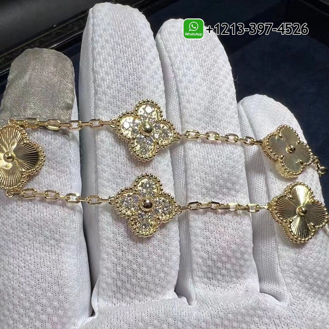 Van Cleef & Arpels 18K Yellow Gold Diamond 5 Motifs Guilloche Vintage Alhambra Bracelet VCARP4KN00