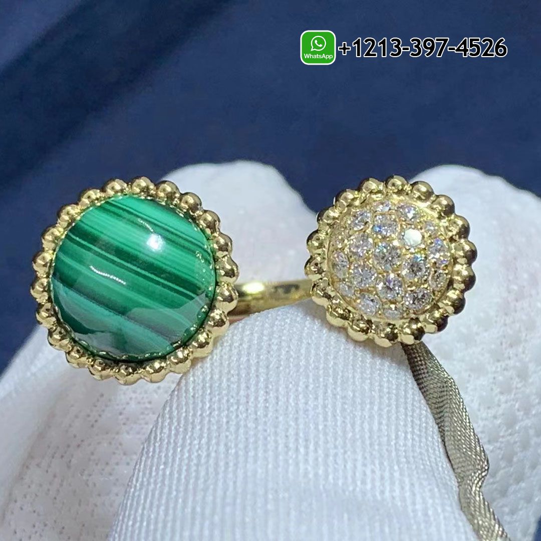 Van Cleef & Arpels 18K Yellow Gold Diamond Malachite Perlee Couleurs Between The Finger Ring VCARO9SU00