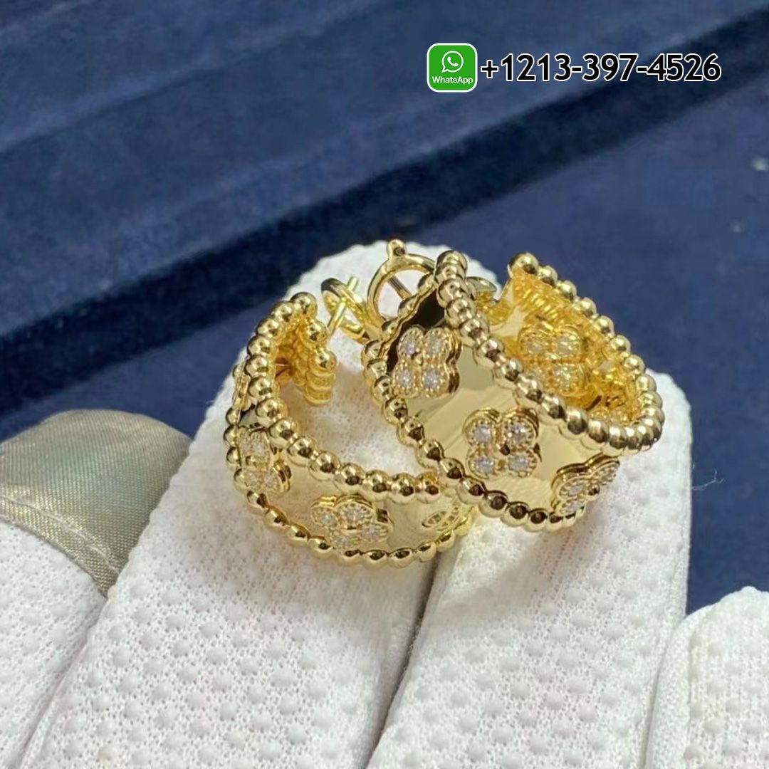Van Cleef & Arpels 18K Yellow Gold Perlée Clovers Diamonds Hoop Earrings VCARO3YE00