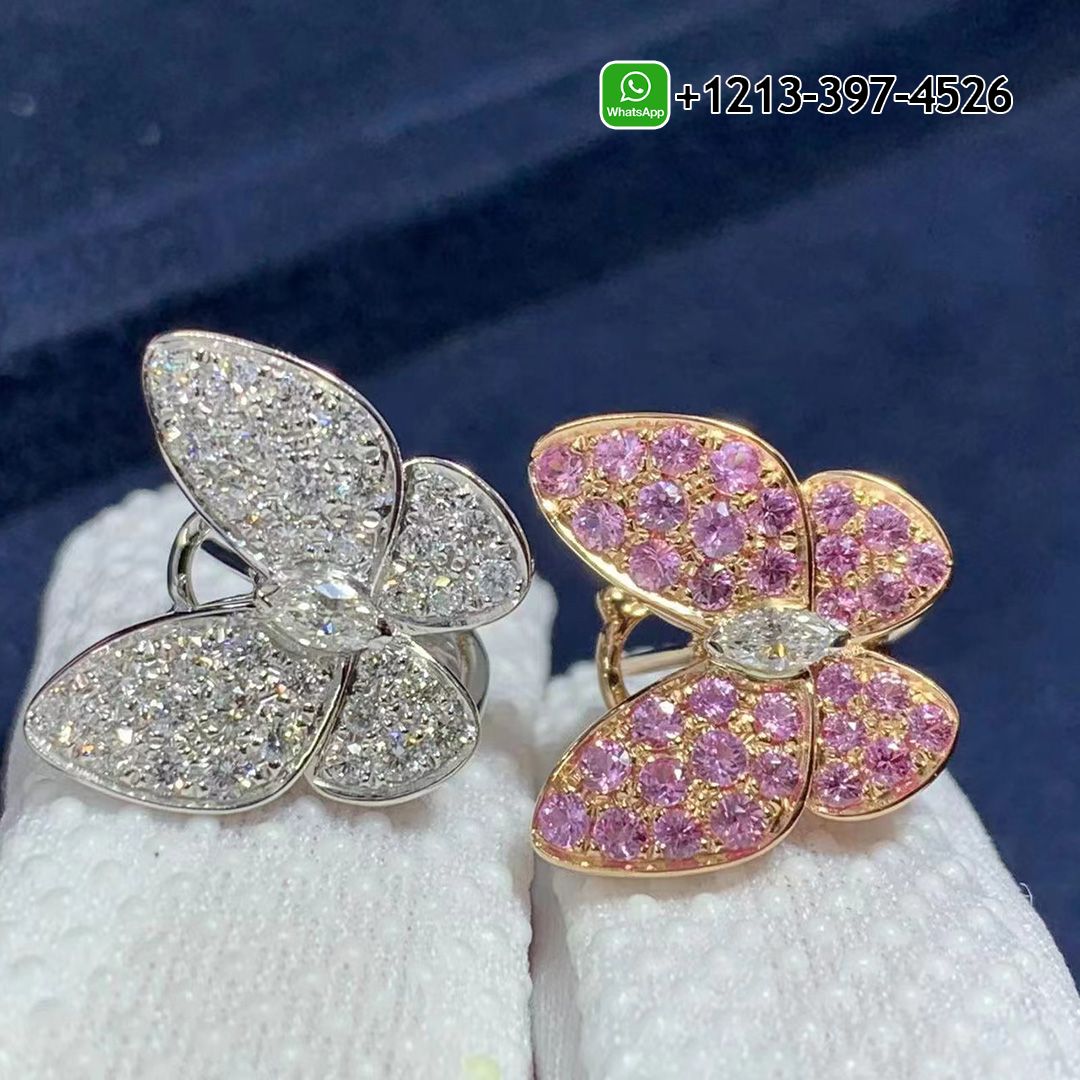 Van Cleef & Arpels 18k Gold Diamond and Pink Sapphire Two Butterfly Earrings VCARO3M600
