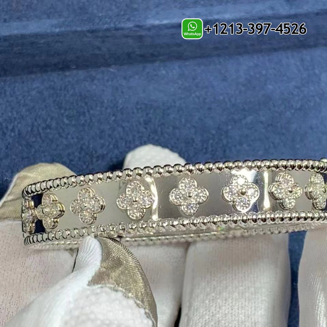 Van Cleef & Arpels 18k White Gold Diamond Perlée Clovers Bracelet VCARN5B100