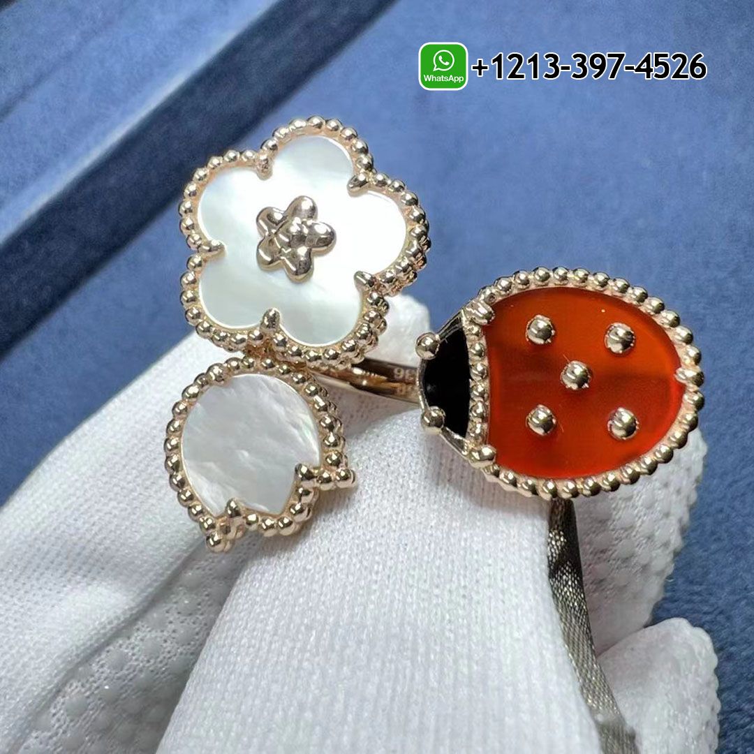 Van Cleef & Arpels Lucky Spring 18K Rose Gold Mother of Pearl Carnelian Onyx Between the Finger Ring VCARP9X300