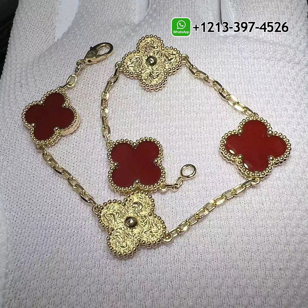 Van Cleef & Arpels Vintage Alhambra 18k Yellow Gold and Carnelian 5 Motif Bracelet