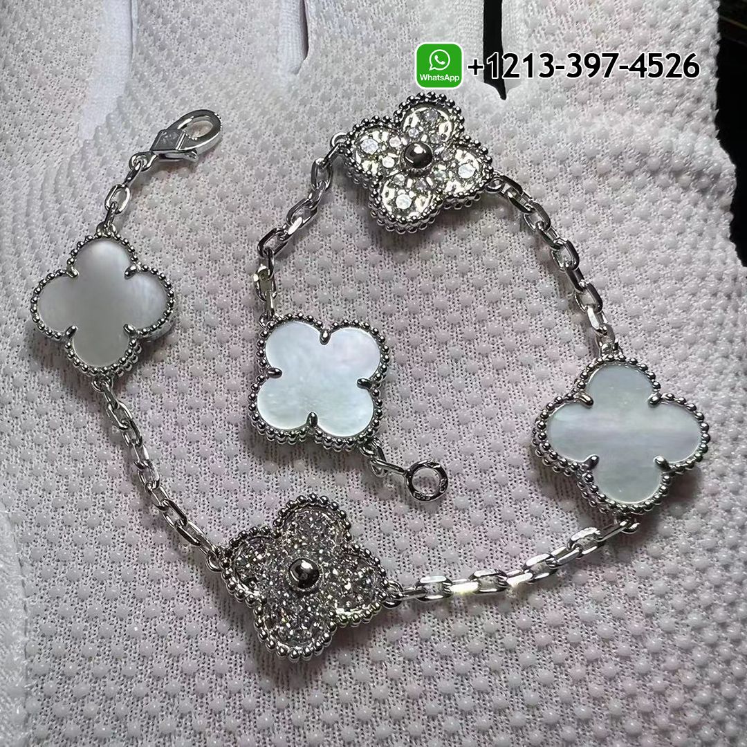 Best Sellers Van Cleef Vintage Alhambra 18K White Gold Mother Of Pearl Bracelet & Diamond 5 Motifs Bracelet