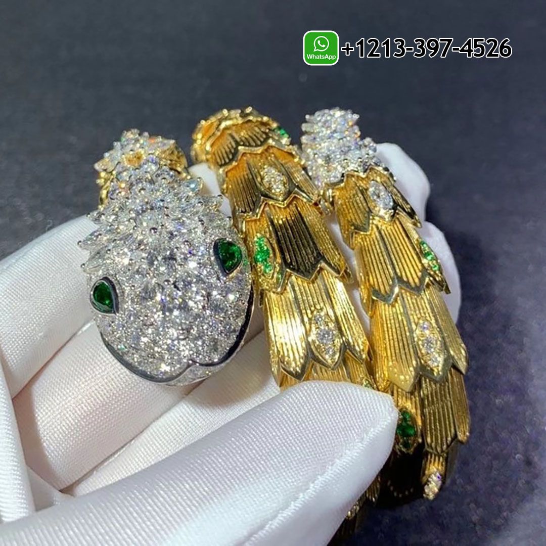Bvlgari Serpenti 18K Yellow Gold Diamonds and Emerald High Jewellery Bracelet