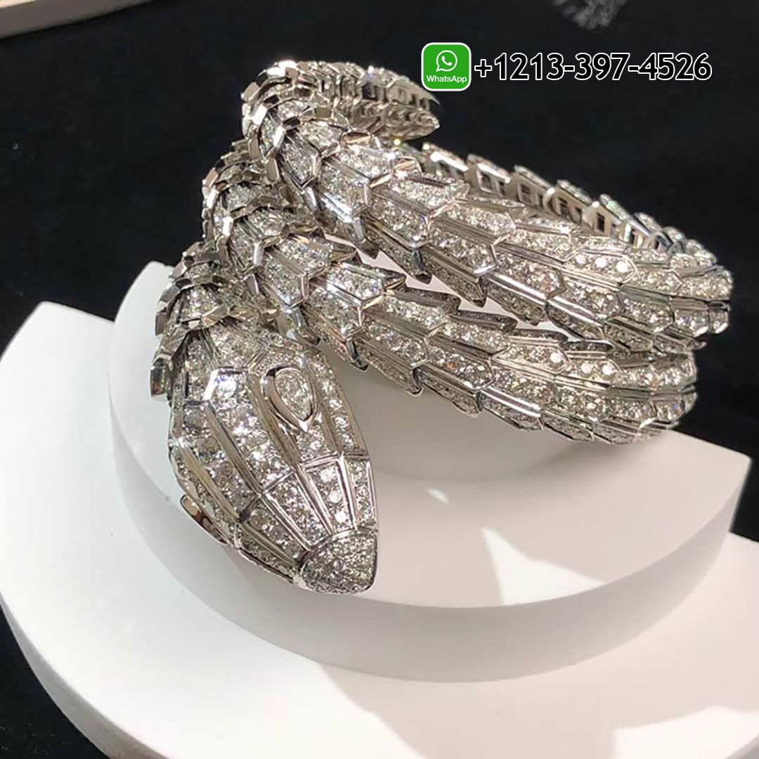 Bvlgari Serpenti Full Pave Diamond Triple Wrap Serpenti 18k White Gold Bracelet