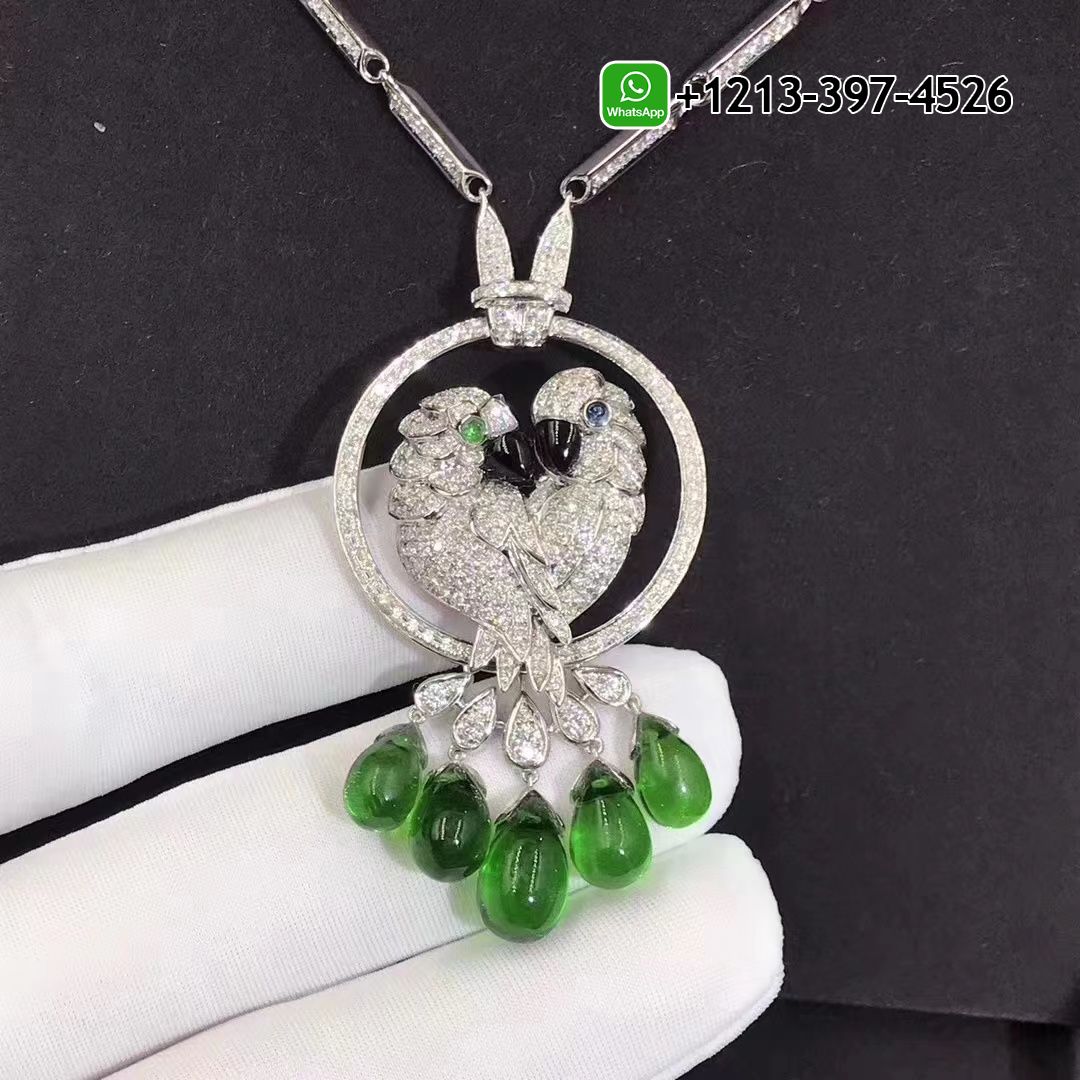 Cartier Les Oiseaux Liberes 18k White Gold Pave Diamond Emeralds Parrot Pendant Necklace HP300100