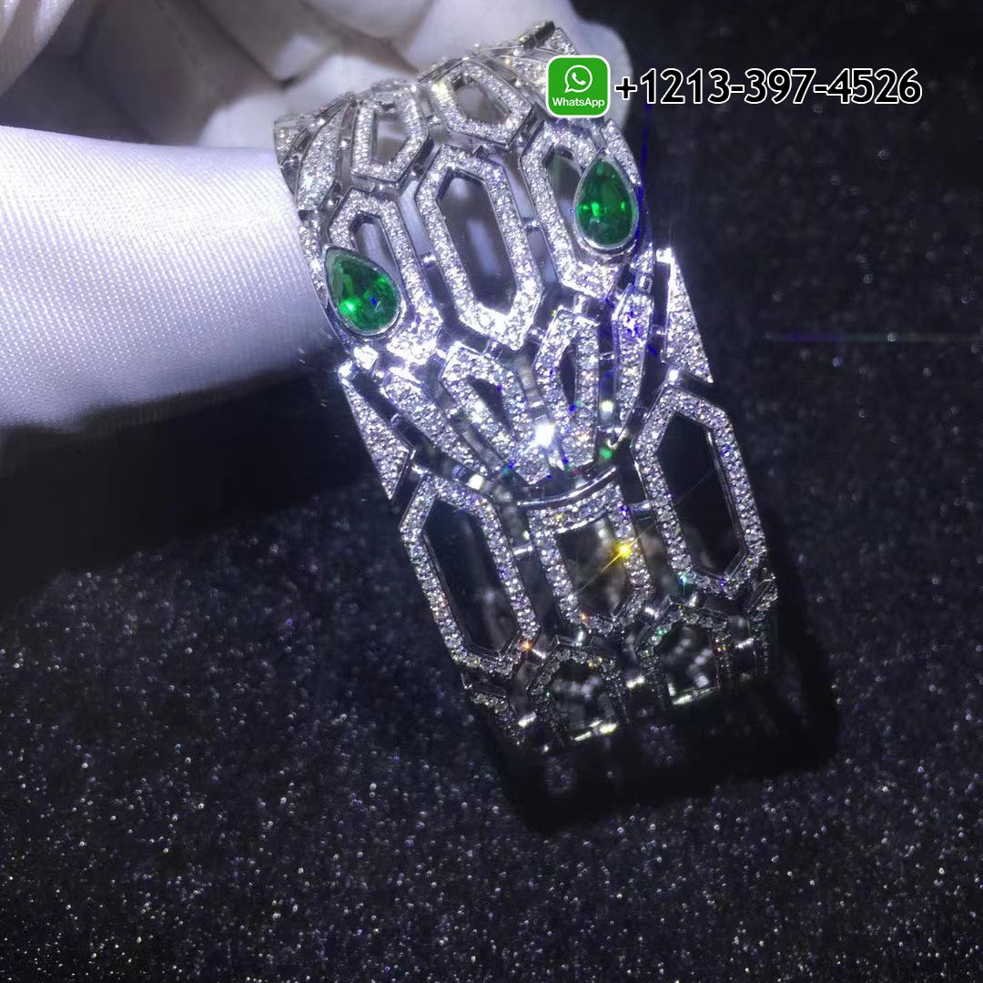 High Jewelry Bvlgari Serpenti Seduttori Diamond Bracelet 18K White Gold with Emerald Eyes