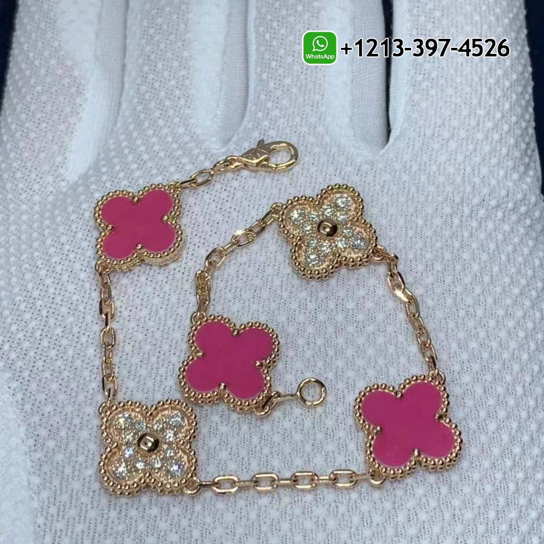 Van Cleef & Arpels 18K Pink Opal Diamond 5 Motifs Vintage Alhambra Bracelet