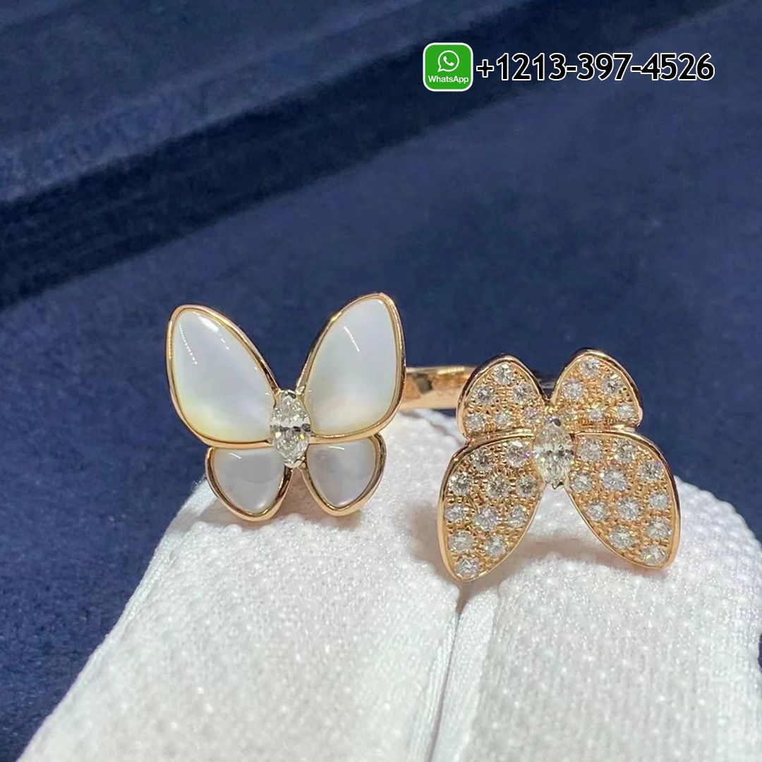 Van Cleef & Arpels 18k Rose Gold Diamond and Mother-of-pearl Two Butterfly Between the Finger Ring VCARO7AL00
