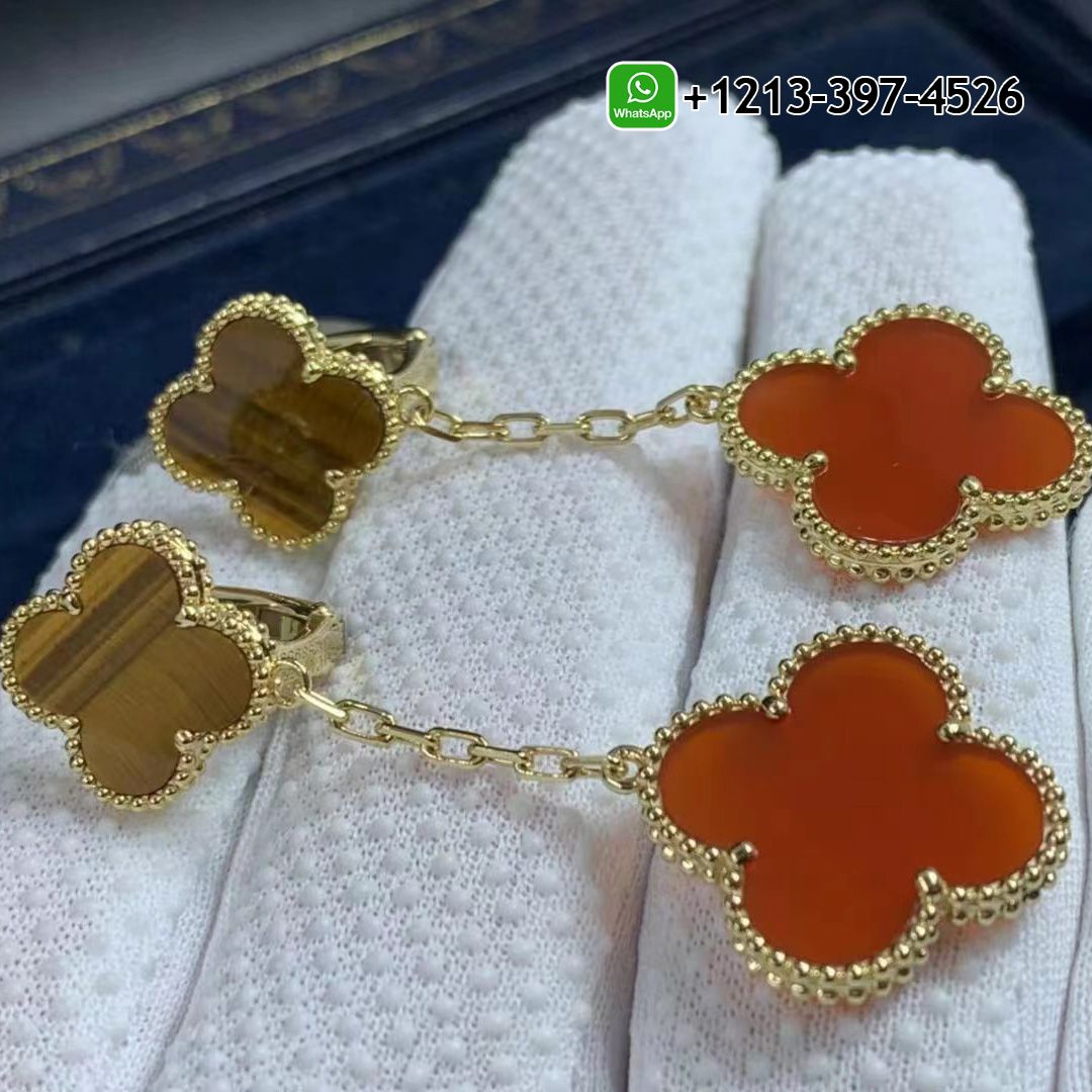 Van Cleef & Arpels Magic Alhambra 18k Yellow Gold Carnelian and Tiger’s Eye 2 Motifs Earrings VCARN5JR00