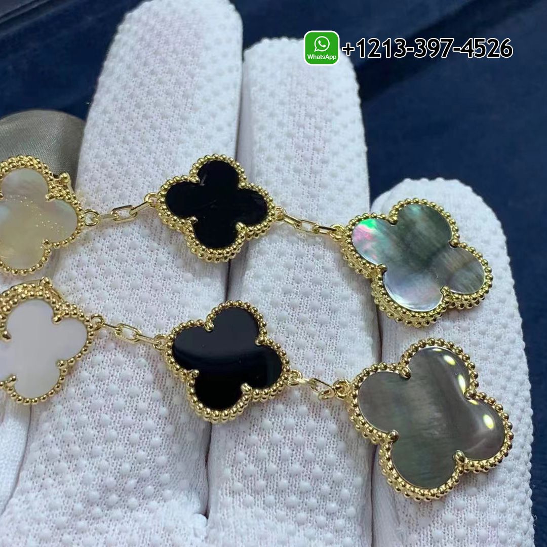 Van Cleef & Arpels Magic Alhambra 3 Motif Onyx & Mother of Pearl 18K Yellow Gold Drop Earrings VCARD79000