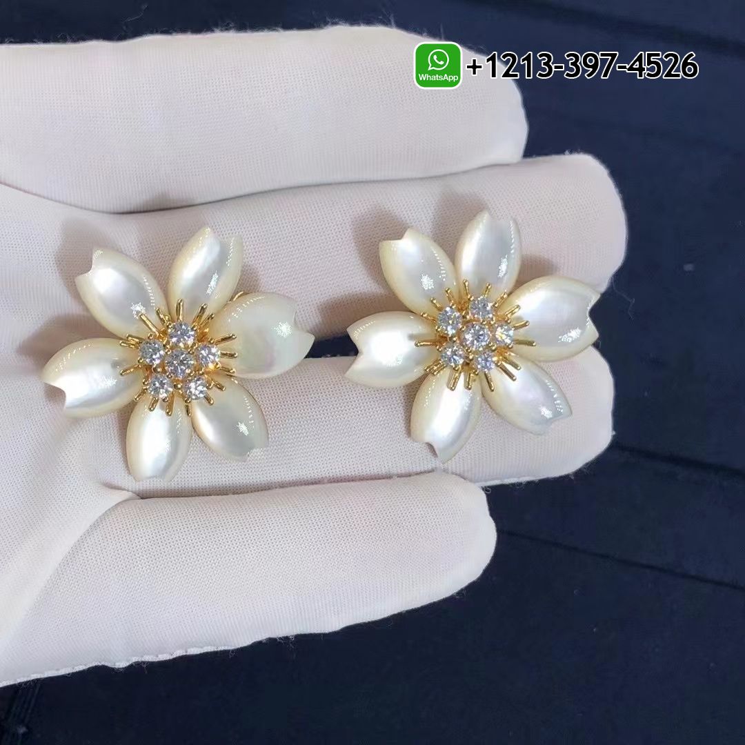 Van Cleef & Arpels Rose de Noel 18k Yellow Gold Mother-of-Pearl & Diamond Flower Earrings VCARA55600