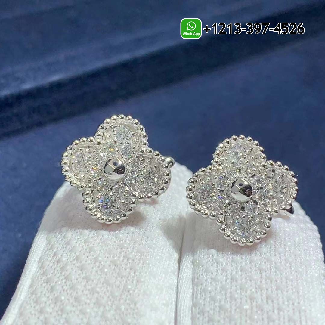Van Cleef & Arpels Vintage Alhambra Pave Diamond 18K White Gold Earrings VCARA44600