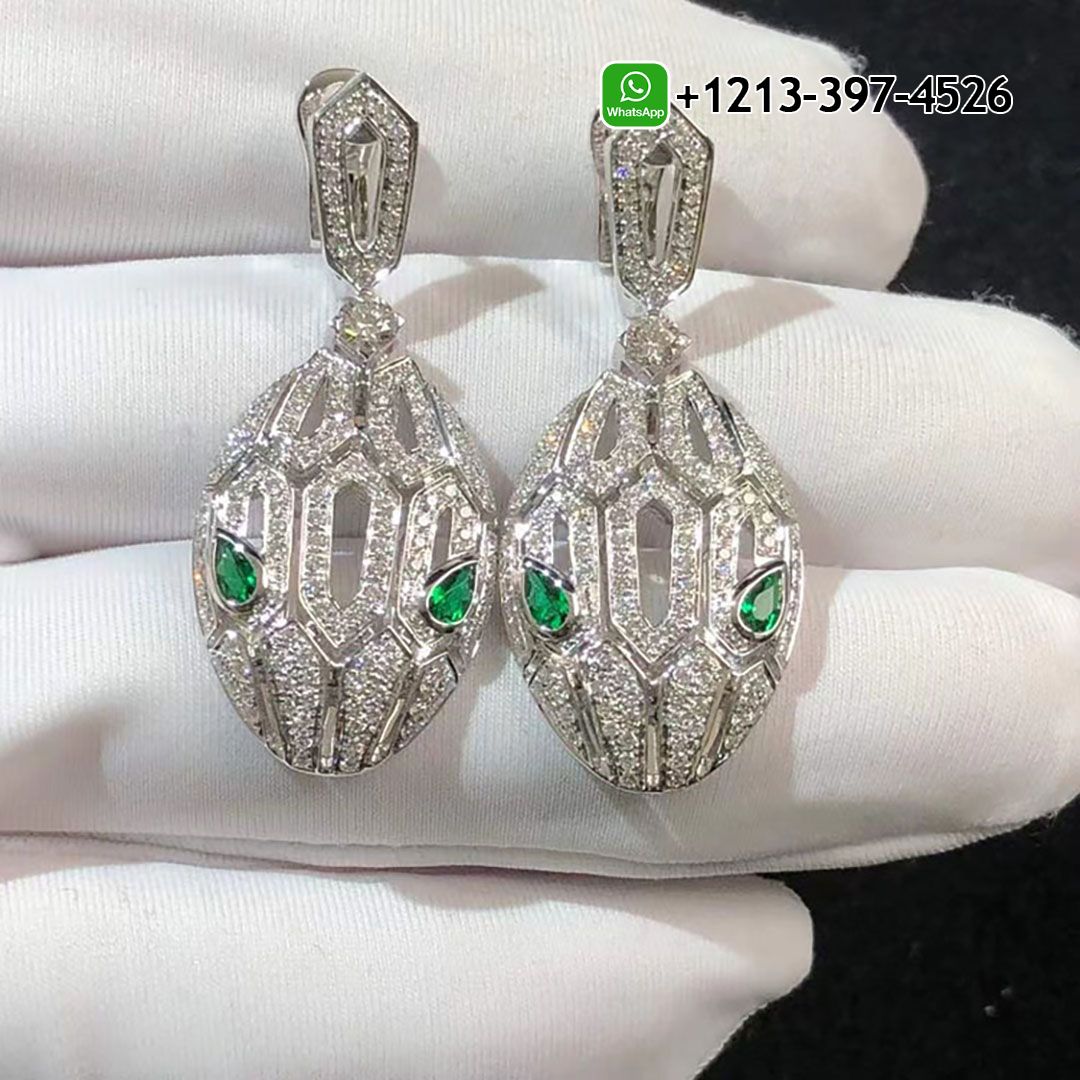Bvlgari Serpenti 18k White Gold Full Pavé Diamonds Emerald Eyes Earrings 352756