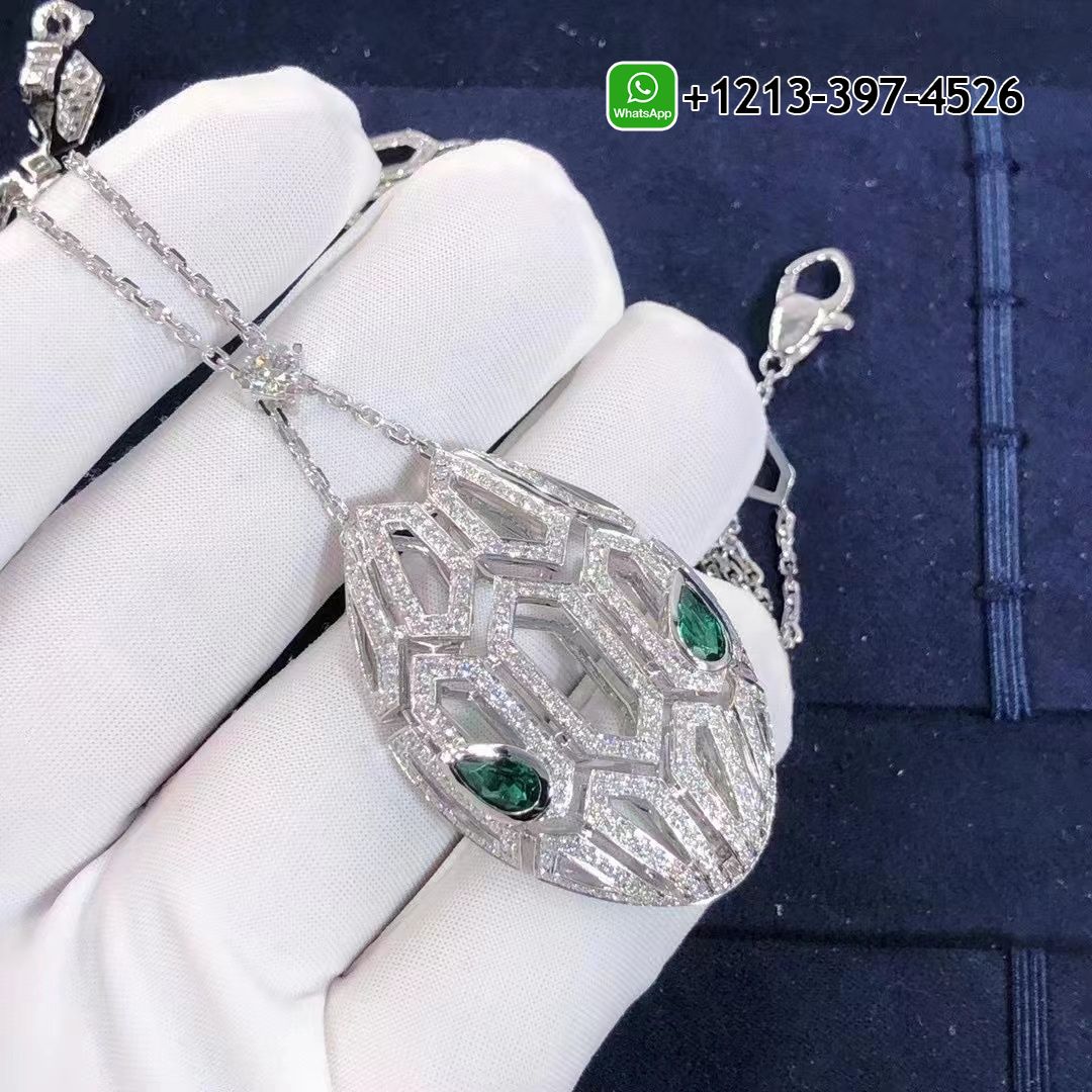 Bvlgari Serpenti Pave Diamond & Emerald Eyes 18K White Gold Pendant Necklace