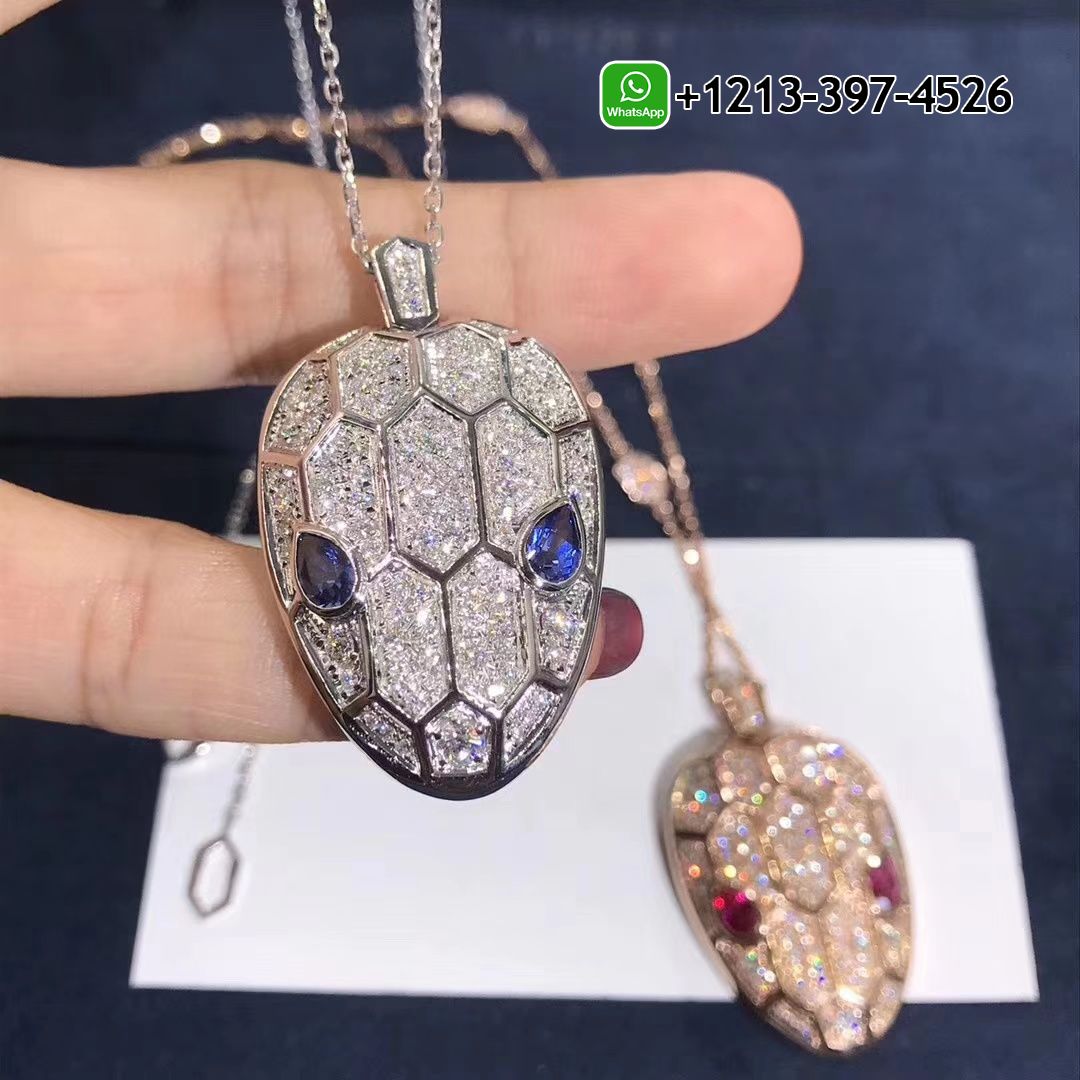 Bvlgari Serpenti Seduttori 18k White Gold Pave Diamonds Blue Sapphire Pendant Necklace 353529