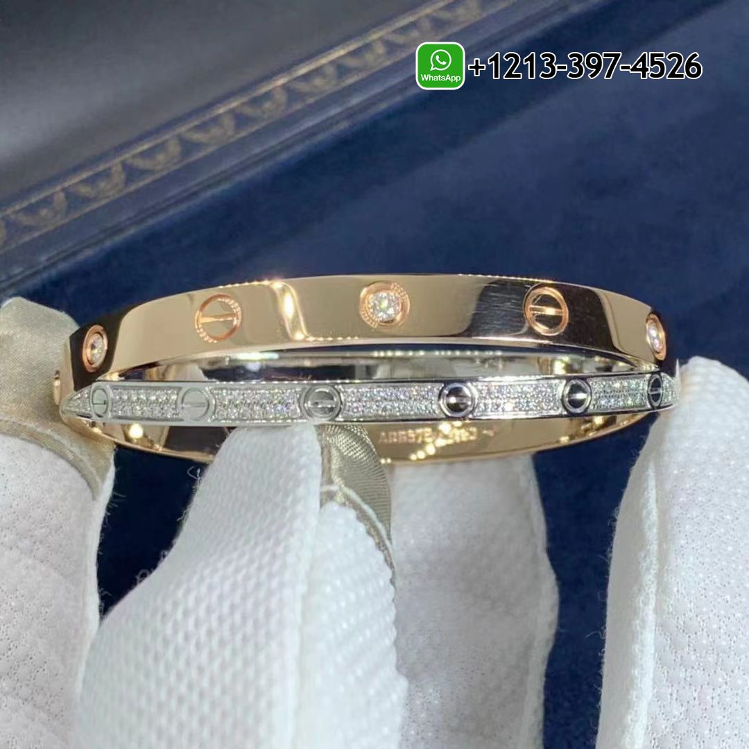 Cartier 18K Pink & White Gold Pave Diamonds Double Love Bangle Bracelet N6039217