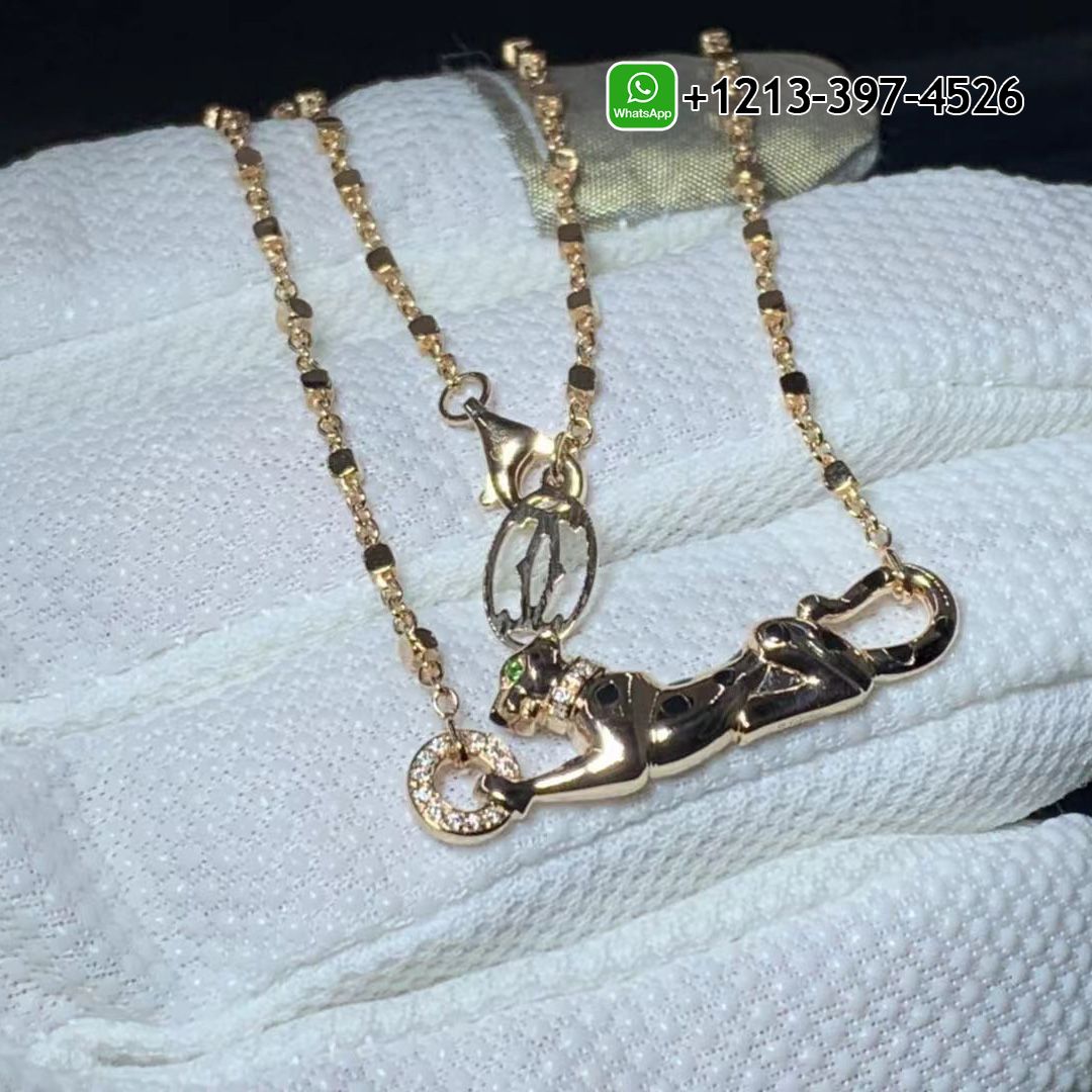 Cartier Solid 18K Rose Gold Diamond Black Lacquer Panthère De Cartier Necklace B7224538